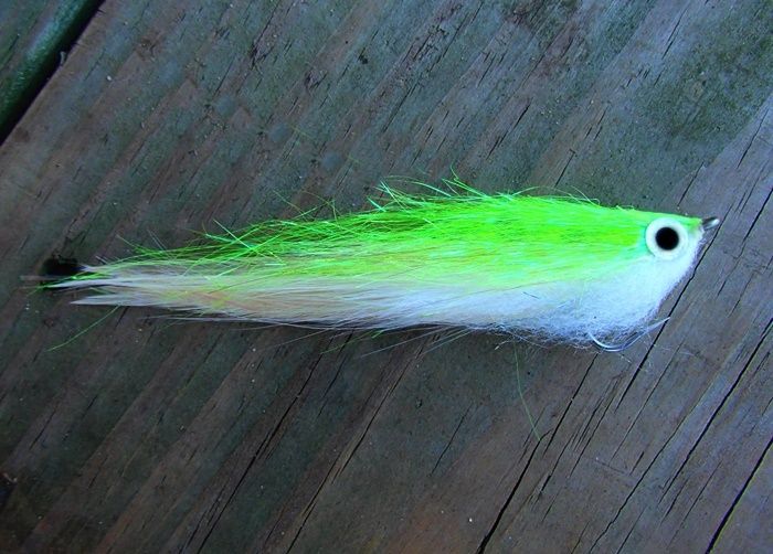 This is basically a Lefty's Deceiver with the saddles for a tail but I added four "bird fur" feathers to the tail. The wing or top is all Electric Lime green Angle Hair and the belly is Senyo dubbing.