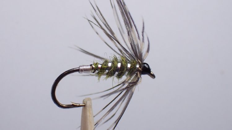 Olive &amp; silver wet. A Spring stillwater favourite of mine. Size 12. Xsmall silver wire tag, olive simi seal body, medium silver tinsel rib, ruffed grouse hackle, 10/0 black veevus thread, loon UV head